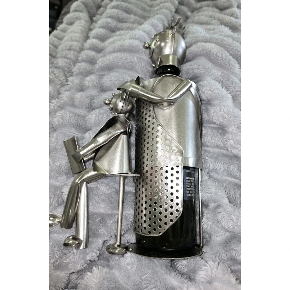 Metal Wine Bottle Holder Whimsical Figure Reading to Child Industrial Art Silver